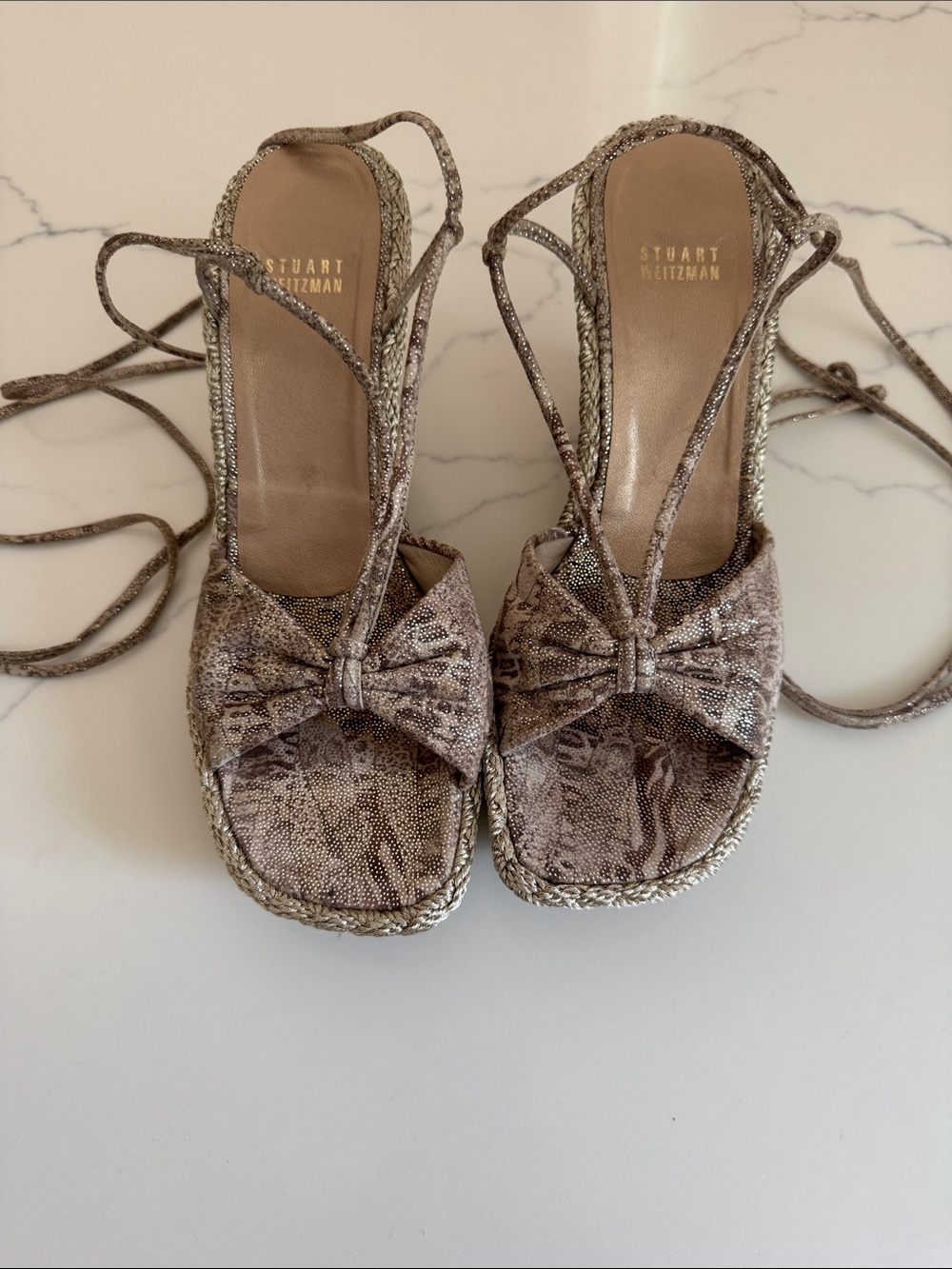 Stuart Weitzman Taupe Snake-Print Bow Lace-Up Sandals;